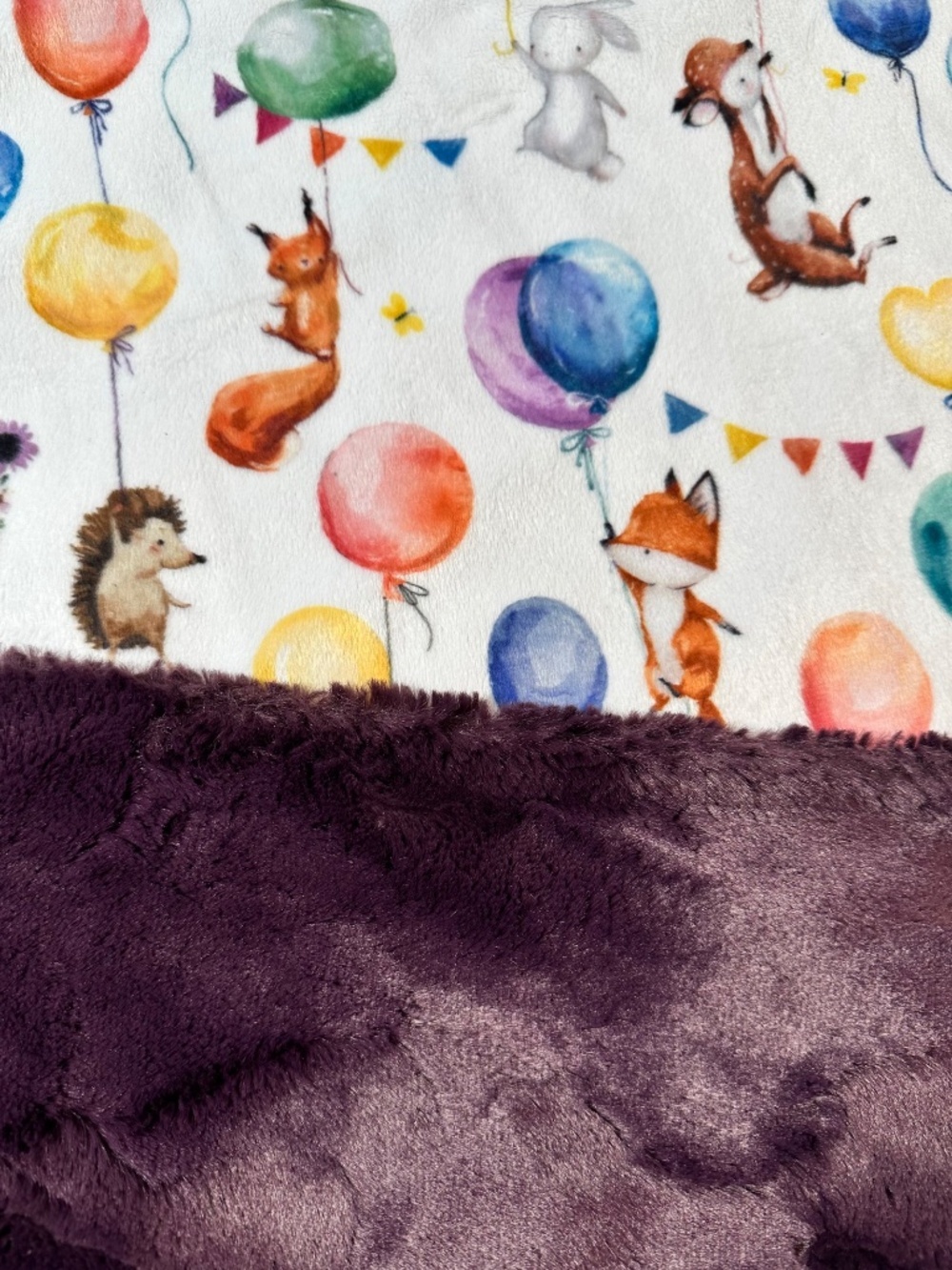 π¦ Woodland Animal Baby Blanket Balloon Print | Soft Plush Minky Purple Back - Picture 2 of 9
